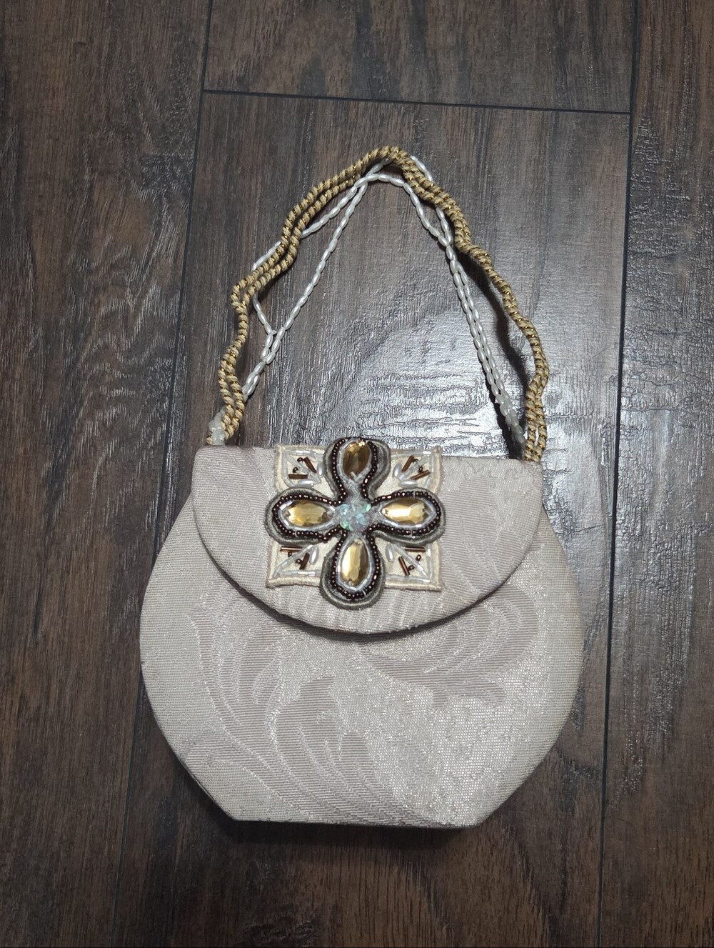 Vintage Taupe Brocade Beaded Purse